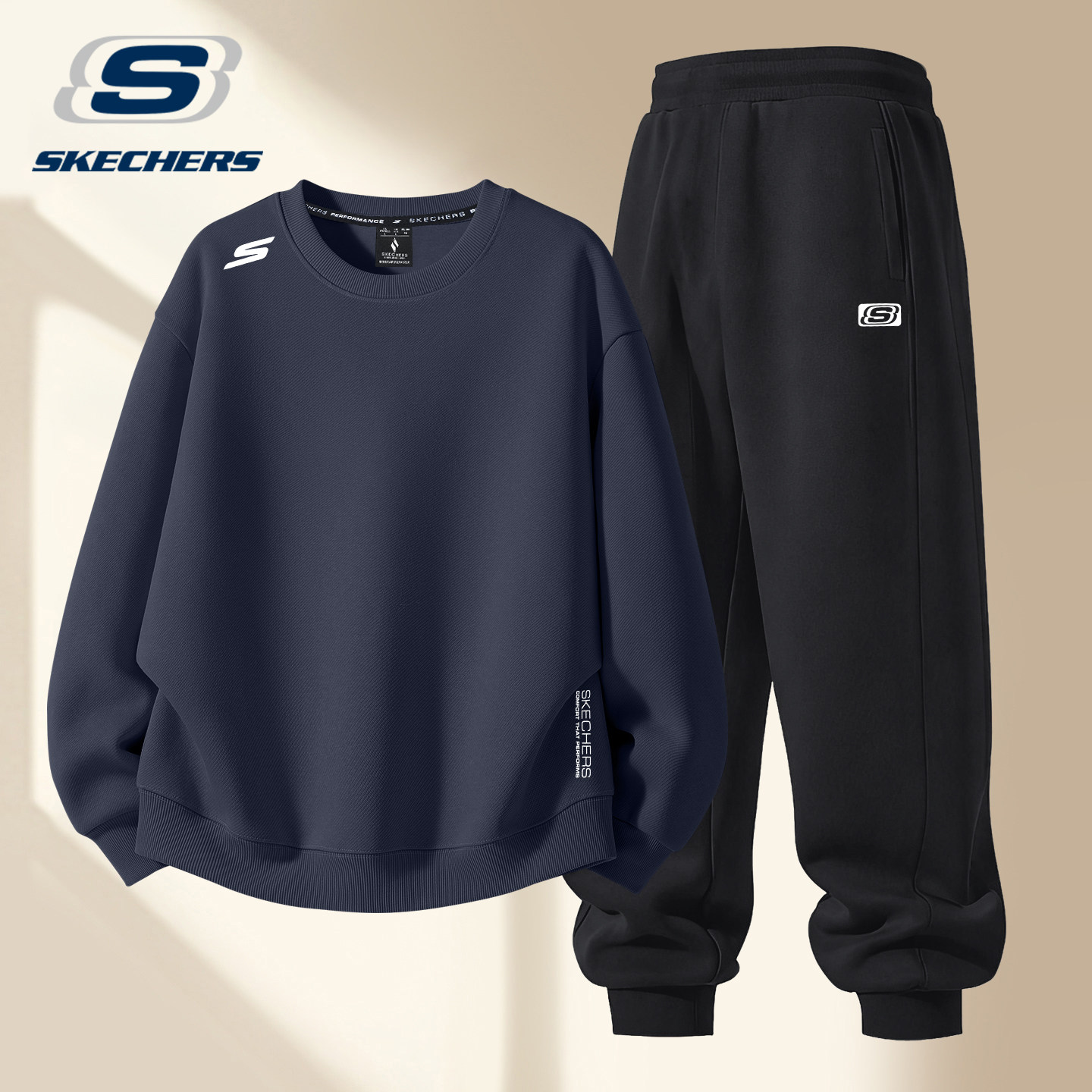 斯凯奇运动套装男春季新款官方正品运动服学生帅气潮流卫衣两件套