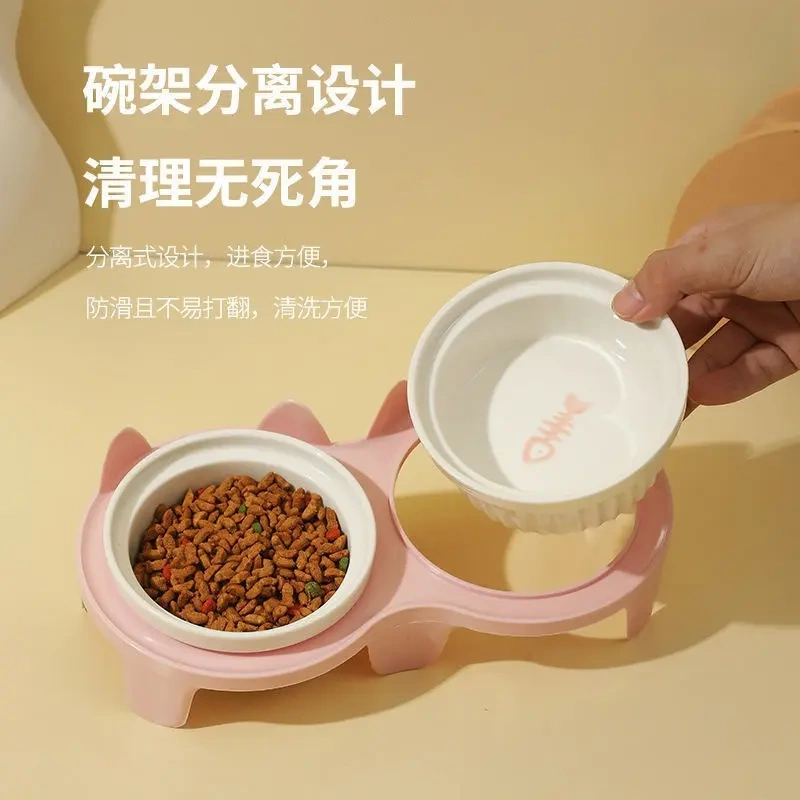 陶瓷猫碗猫咪陶瓷碗斜口饮水碗猫粮食盆猫咪喝水碗宠物专用双碗