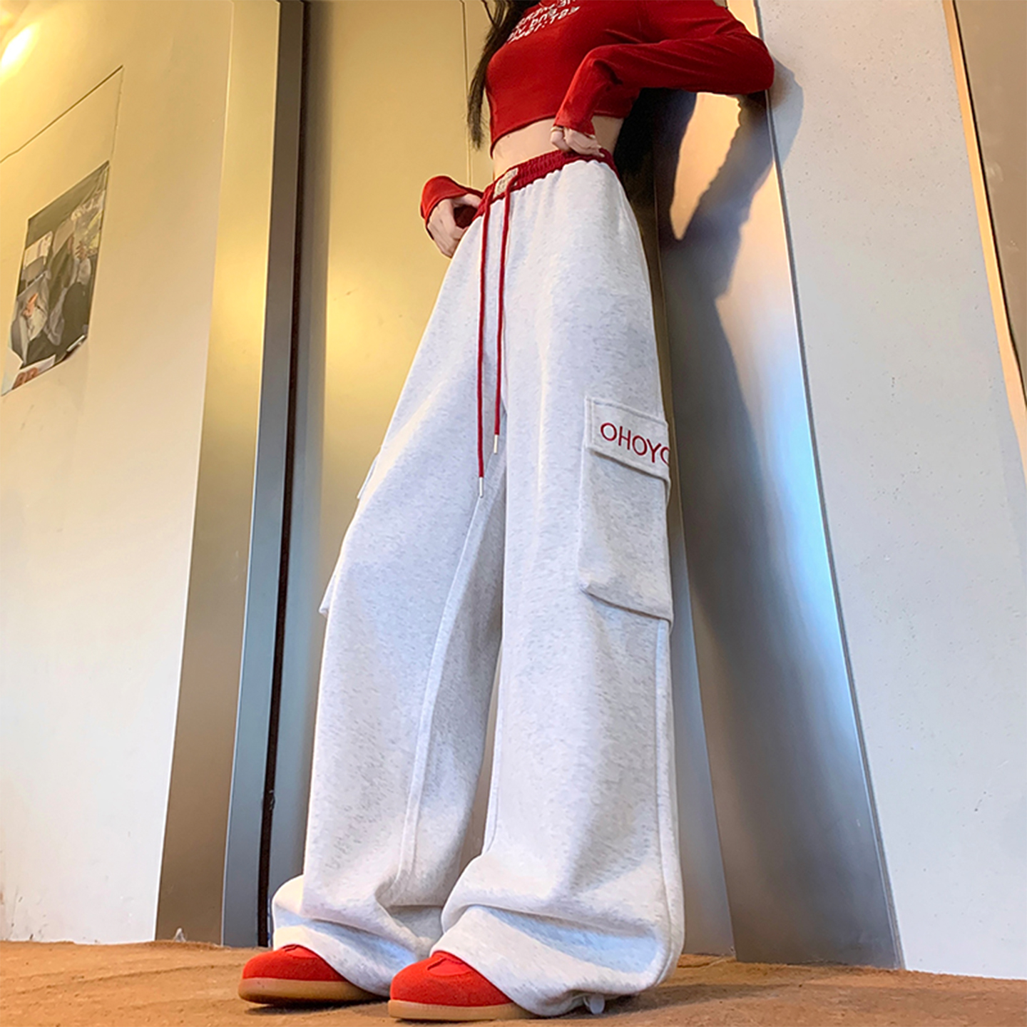 灰色美式运动卫裤女新款春秋