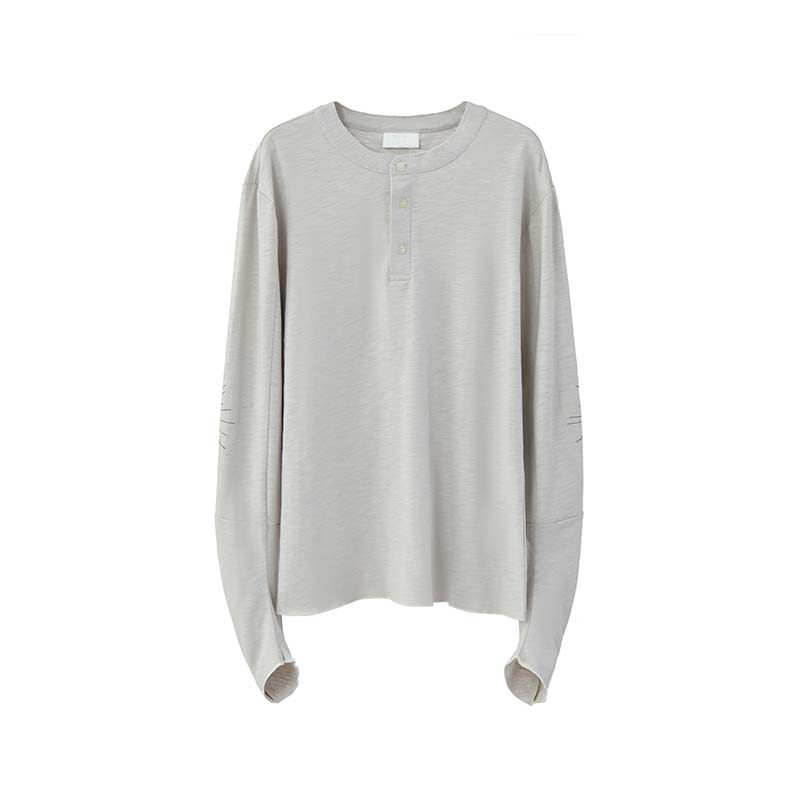 Slight Vogue Tianzhu Combed Bamboo Cotton Henry Collar Sun Embroidery Lightweight Slim Fit Scimitar Long Sleeve T-Shirt