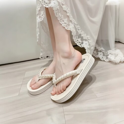 珍珠串珠法式低跟女夏人字拖