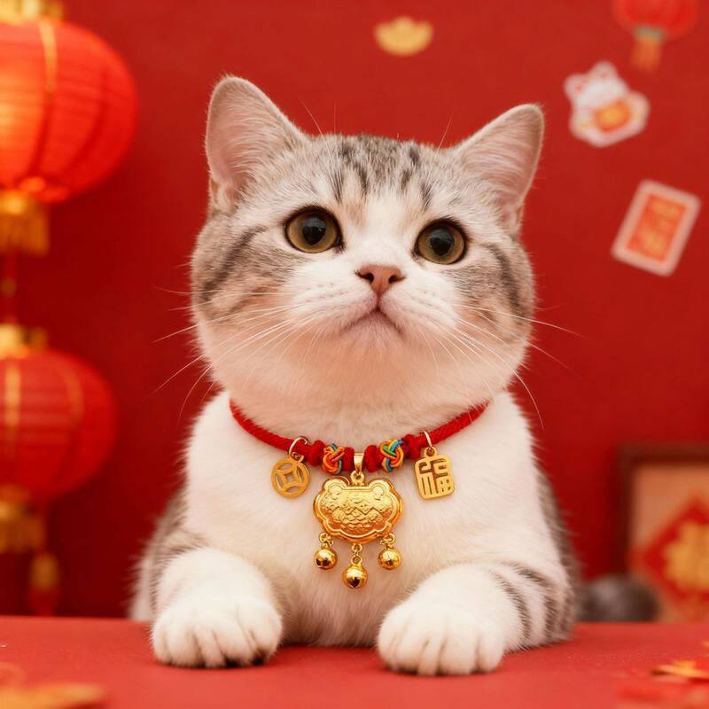 萌尚乐园 中国风宠物项圈红色长命锁猫狗新年喜庆金色铃铛福字