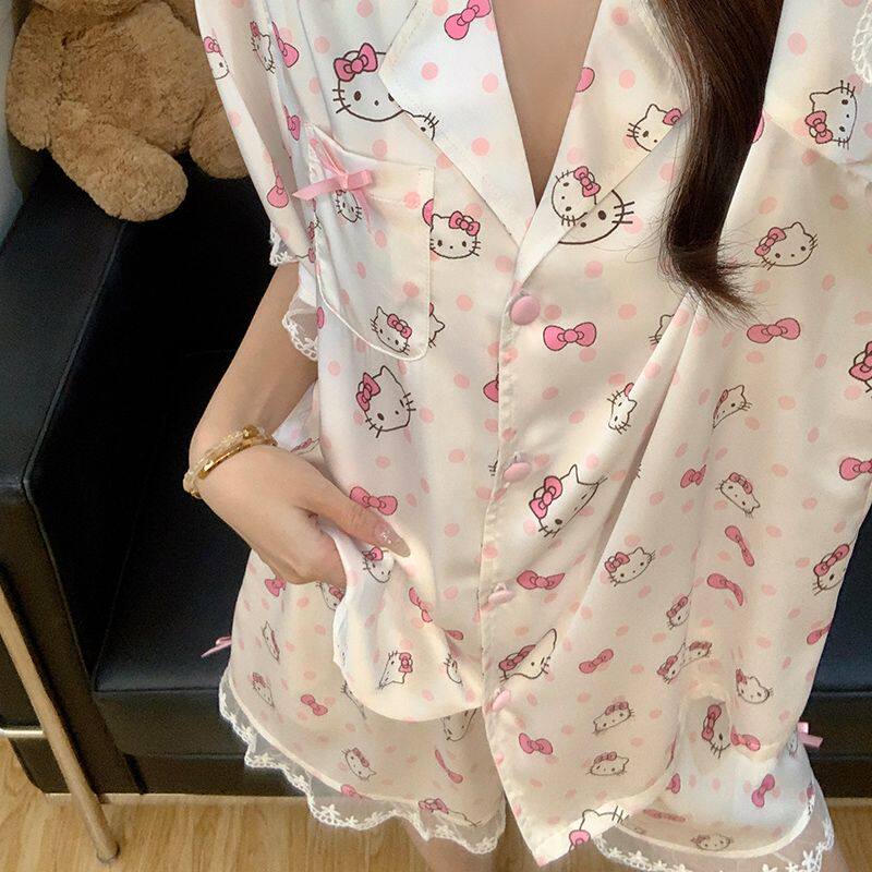 Hello Kitty冰丝睡衣女夏季短袖套装凉感蕾丝花边开衫家居服套装