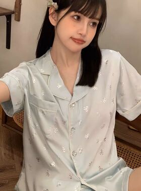 甜美风浅蓝色蝴蝶结冰丝睡衣女夏季日系小清新开衫短袖家居服套装