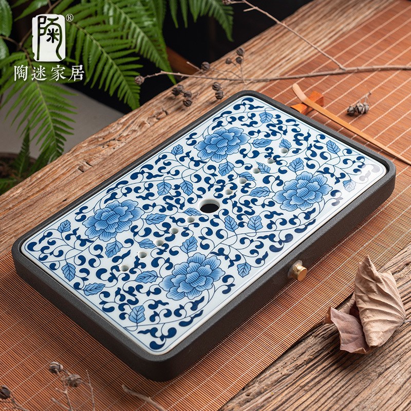 陶迷乌金石茶盘家用整块干泡盘简约茶台H排蓄两用陶瓷青花面板托