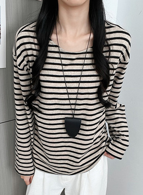 K2371严选条纹圆领打底衫女新款秋冬季宽松显瘦软糯风长袖T恤