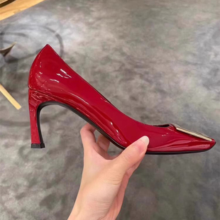 捡漏 RV原标方扣单鞋新款秋季浅口方头高跟鞋大码小跟酒红色真皮