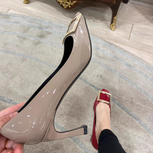 捡漏 RV原标方扣单鞋新款秋季浅口方头高跟鞋大码小跟大象灰真皮