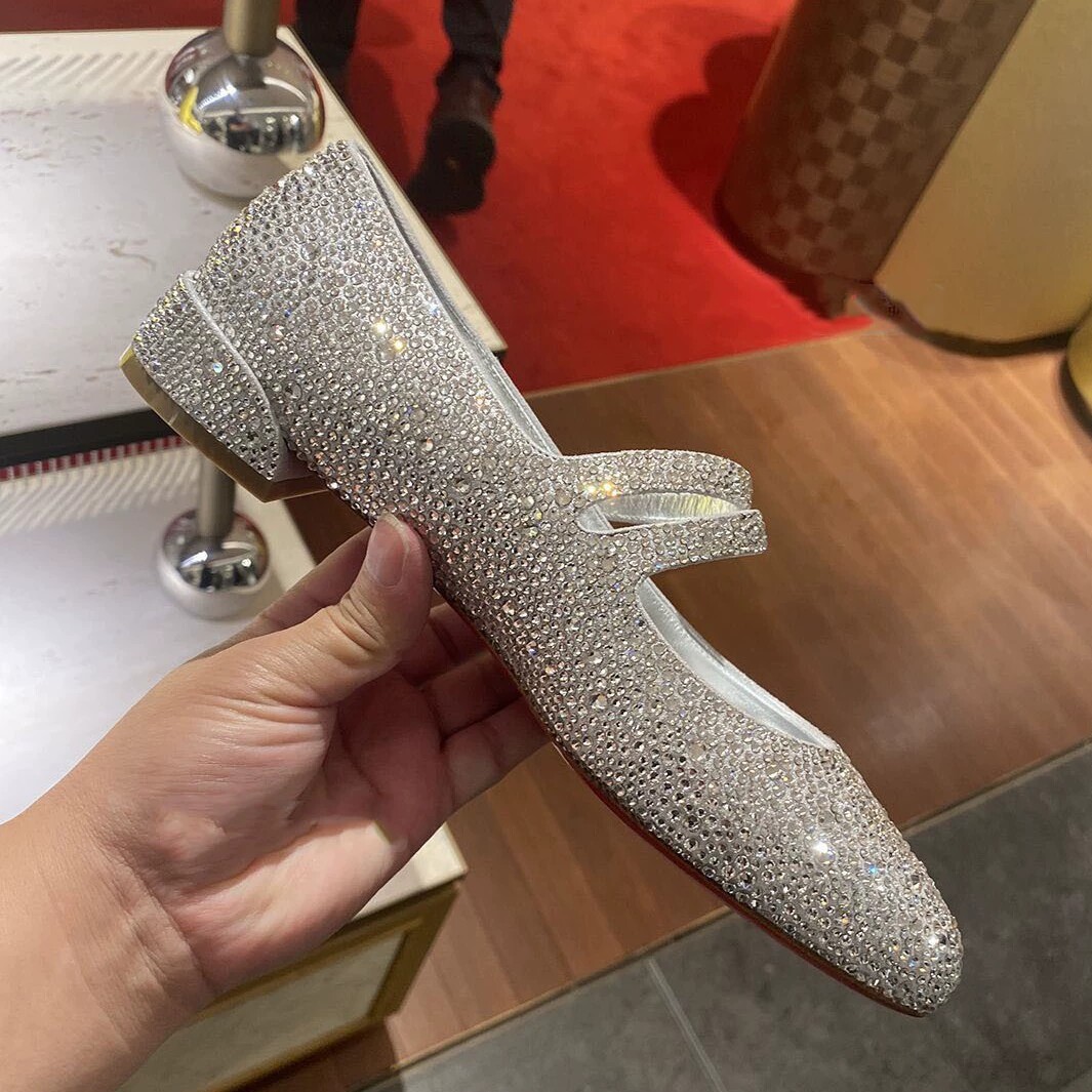 【新品真皮】CL同款红底鞋水钻玛丽珍鞋圆头满钻低跟单鞋女粗跟