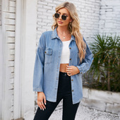 水洗宽松牛仔衬衫 women 新款 春季 上衣 clothes欧美跨境外贸女装