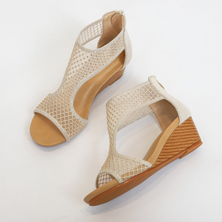 shoes women凉鞋女鞋夏季百搭舒适休闲网面女鞋厚底坡跟大码妈妈