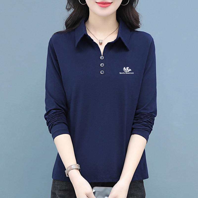 奥莱品牌大码纯棉长袖T恤女2025春秋新款翻领上衣时尚打底衫加绒t