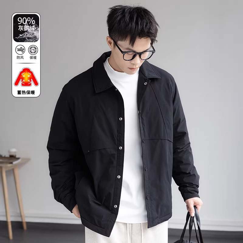 法国进口品牌90鹅绒羽绒服男士轻薄短款翻领保暖工装外套黑色冬季
