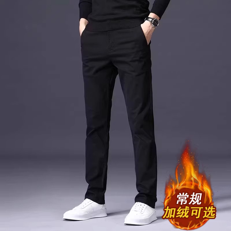 法国高端品牌黑色休闲裤男士修身直筒纯棉加绒加厚长裤子冬季新款