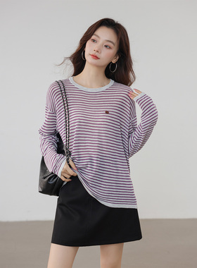CLUB NEWS【天丝亚麻T恤】圆领条纹长袖T恤清新文艺撞色针织衫