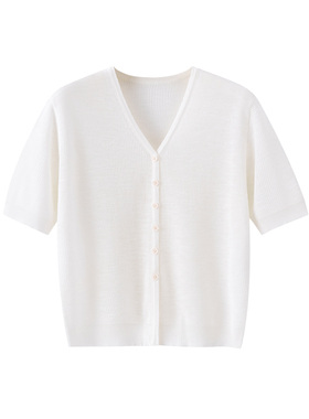 CLUB NEWS简约纯色短袖V领开衫冰丝清凉针织衫薄款镂空宽松上衣女