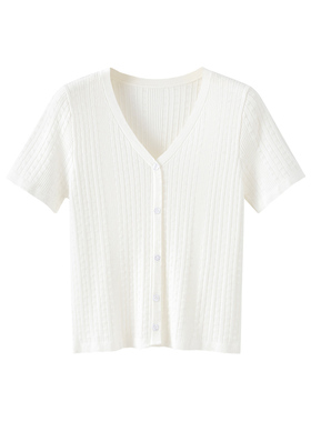 CLUB NEWS冰丝V领短袖条纹上衣女开衫夏季薄款纯色短款t恤针织衫