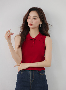 CLUB NEWSPolo领针织背心女显瘦纽扣短款背心上衣