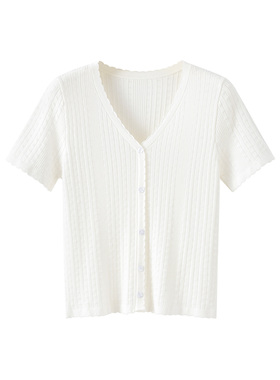 CLUB NEWS波浪花边V领短袖上衣纯色百搭短款t恤针织衫女开衫小衫