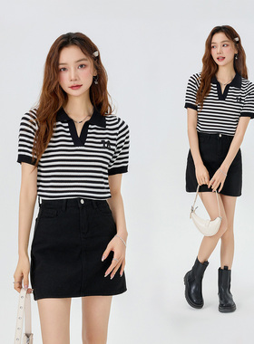 CLUB NEWS夏季薄款条纹短袖t恤女小众百搭毛衣甜美可爱风针织上衣