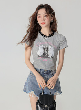 CLUB NEWS甜美猫咪bm风短款上衣女甜辣短袖T恤