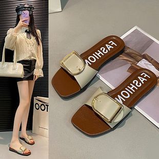 D扣平底拖鞋 女夏外穿时尚 法式 女士外出海边沙滩防滑一字拖凉拖鞋