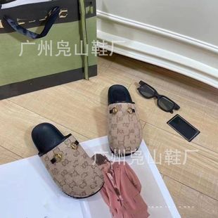 金屬扣圓頭情侶款 半拖2023新款 經典 老花休閑包頭拖鞋 涼拖 大碼