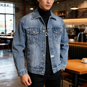 潮流休闲痞帅时尚 新款 韩版 修身 外套 复古牛仔翻领夹克男装 工装 秋季