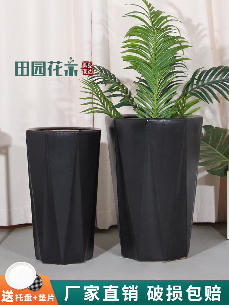 黑色八方陶瓷超大号花盆家用高级感客厅阳台落地高款发财树户外盆