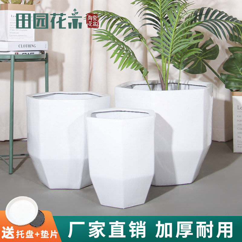 现代简约高档陶瓷花盆六方纯白色多边形家用客厅特大口径高款种树