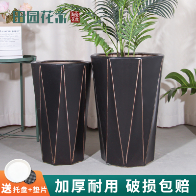陶瓷特大号花盆黑色八方高档轻奢家用阳台落地大盆几何花瓶种树盆