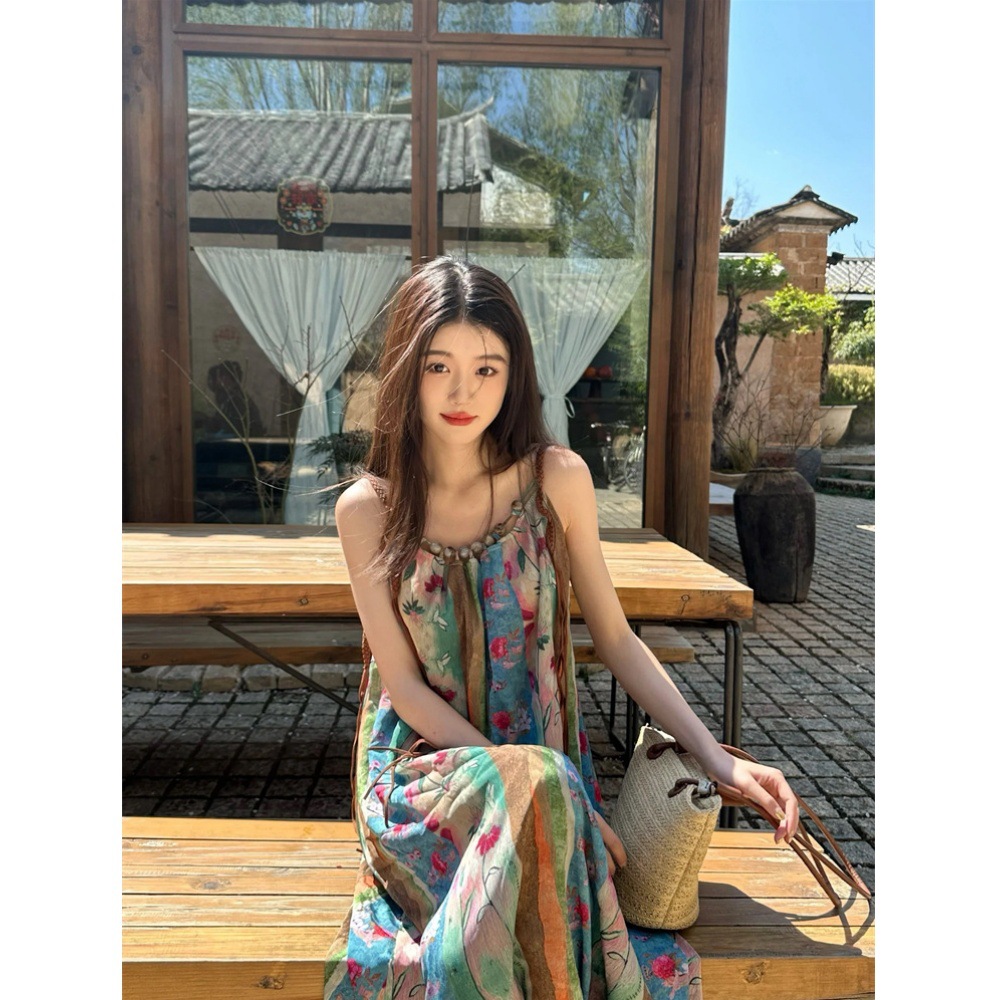 清冷缪斯中式碎花中长款连衣裙