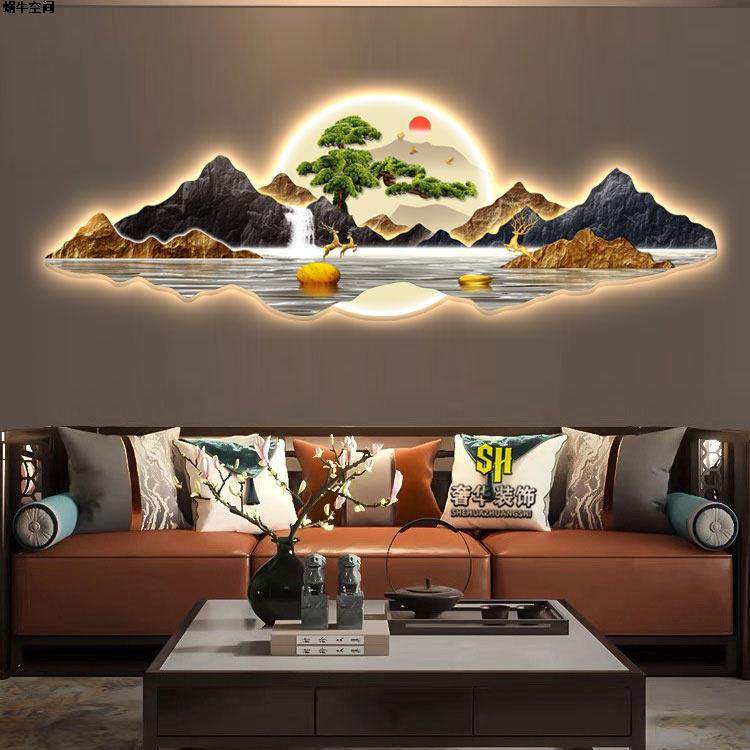 现代轻奢客厅装饰画带灯沙发背景墙挂画壁画中式高级感茶室山水画