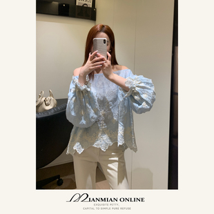 新款 秋季 蓝色一字肩上衣温柔洋气百搭1252 蓝铃 MIANMIANONLINE