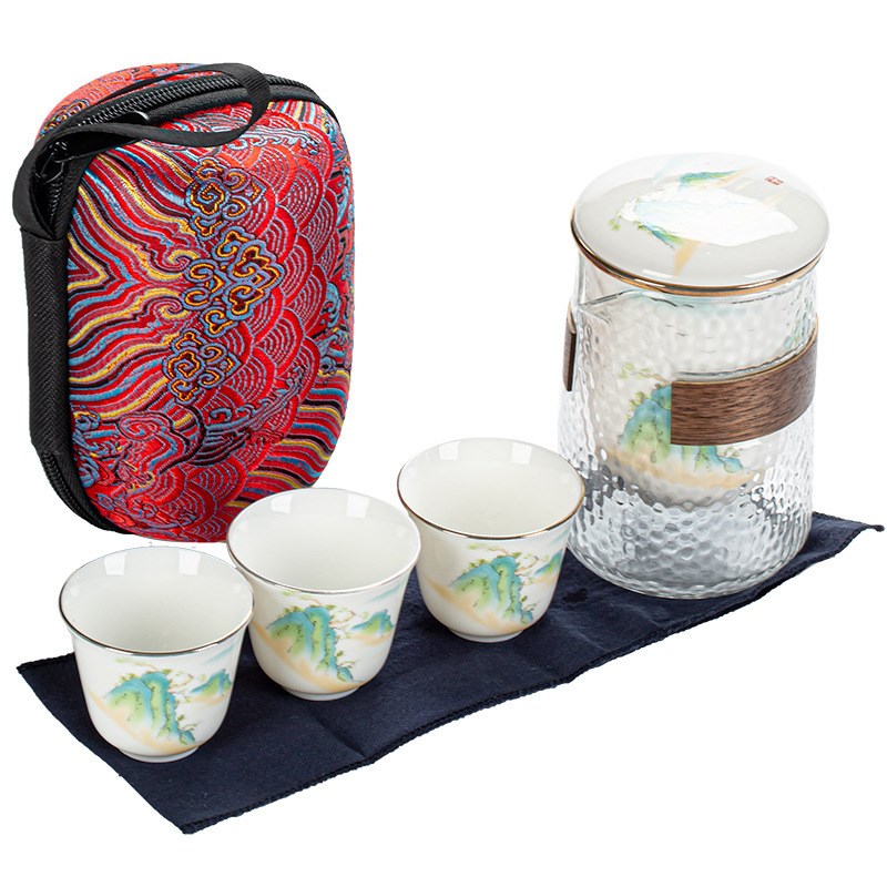 热销牛年陶瓷旅行茶具便携式旅行茶具套装一壶三杯玻璃茶壶可可印