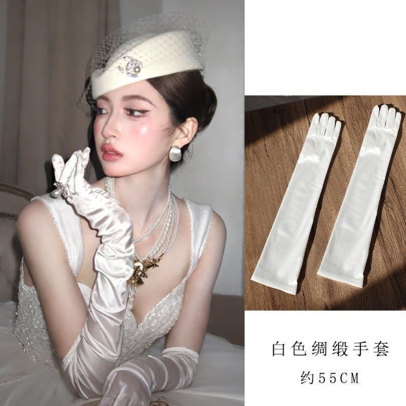 新娘白色缎面长款法式赫本风手套