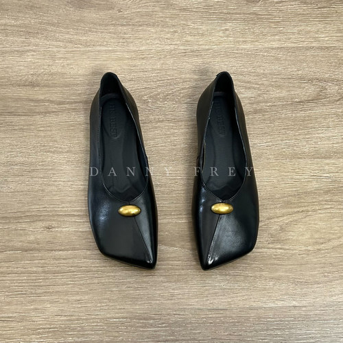 法式中古方头真皮浅口通勤奶奶鞋