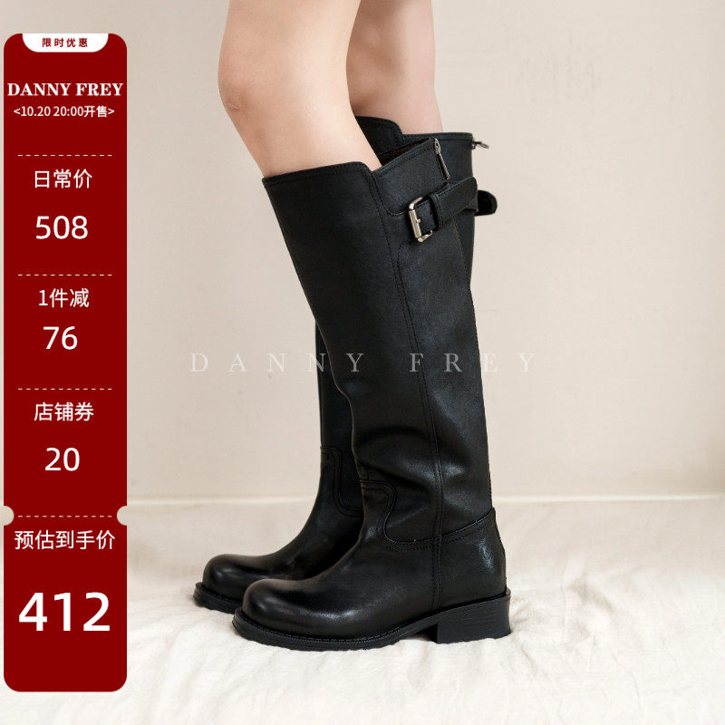 丹尼芙蕾水洗牛皮粗跟女骑士靴