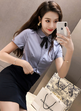 灰色职业衬衫女夏季短袖套装酒店前台工装衬衣裙高端气质工作服夏