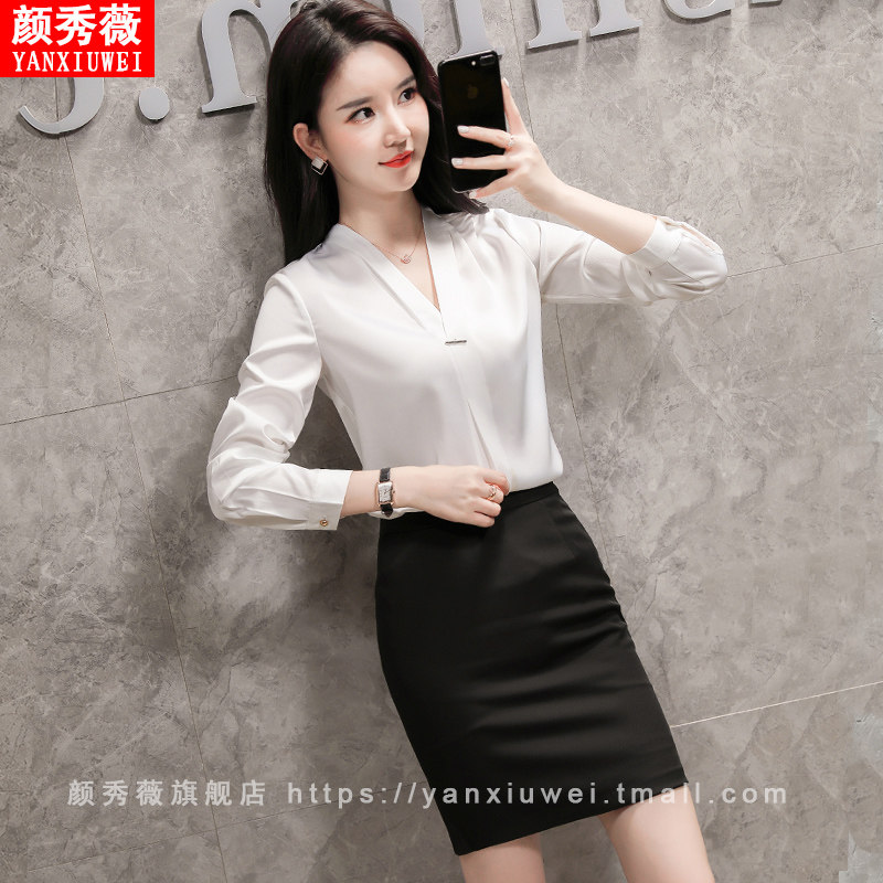 V领衬衫女设计感小众秋季上衣洋气时尚缎面气质套头雪纺衬衣套裙