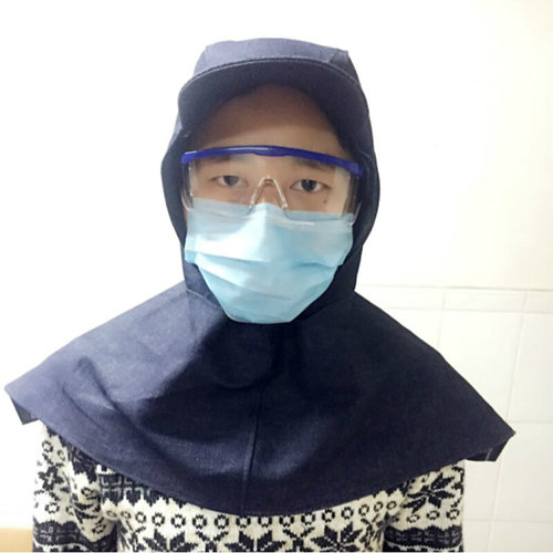 。牛仔披风帽防尘帽子带帽檐牛仔布劳保披肩帽男女搬运工作头套包