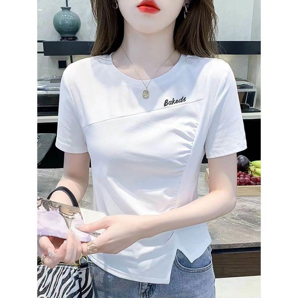 夏季新款不规则短袖t恤女设计感小众正肩修身显瘦圆领开叉上衣潮