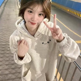 宽松 重磅纯棉银狐绒秋冬加绒加厚灰色连帽美式 卫衣女2025新款 爆款