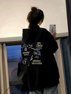 美式 hiphop潮牌甜酷蝙蝠小幽黑色卫衣女秋冬小众慵懒风连帽外套潮
