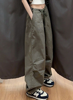 军绿色速干美式高街工装裤女春秋宽松伞兵运动裤高腰显瘦阔腿裤子