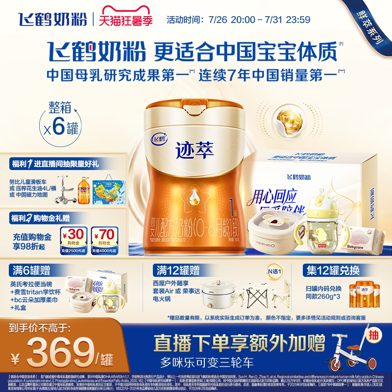 飞鹤迹萃1段专利母源自护乳铁蛋白8HMOs婴儿配方奶粉750g*6罐官方
