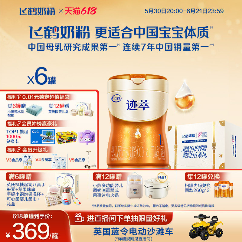 618狂欢购|飞鹤迹萃1段专利母源自护乳铁蛋白8HMOs婴儿奶粉750g*6