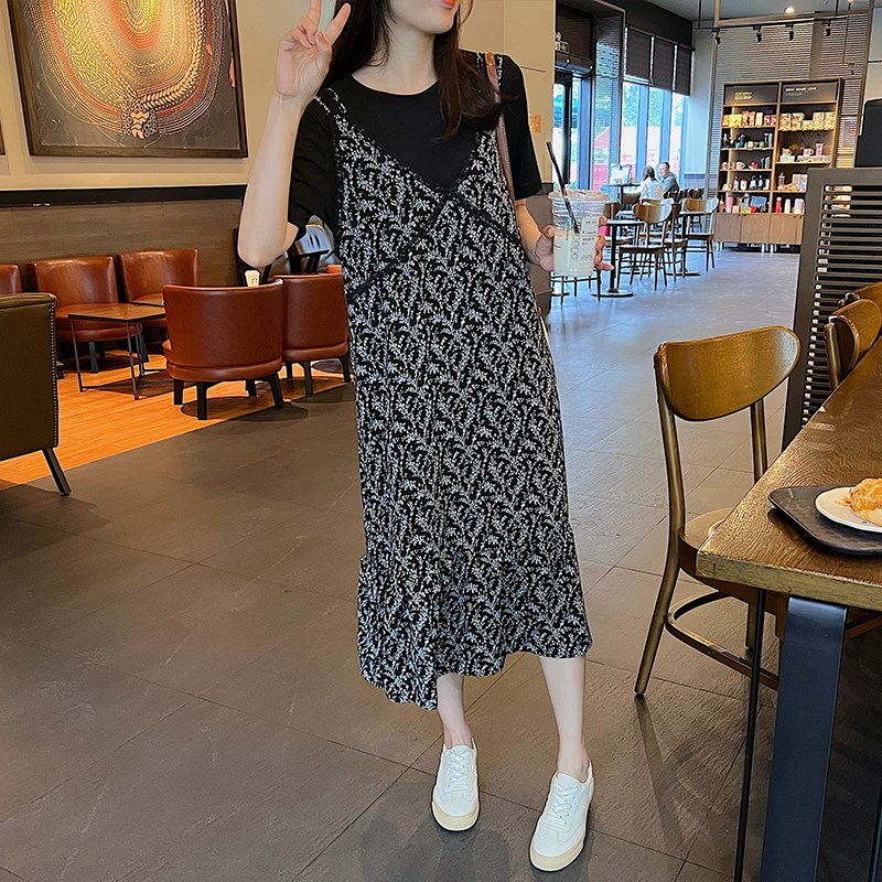 2024夏装新h款大码女装胖mm裙子T恤裙碎花两件套显瘦雪纺连衣裙女