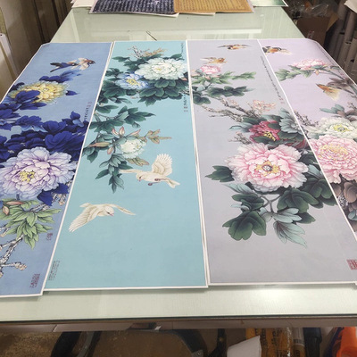 李晓明四条屏富贵天香新中式书画