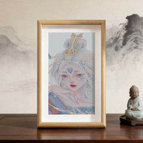 简约国风蓝发精灵少女插画相框